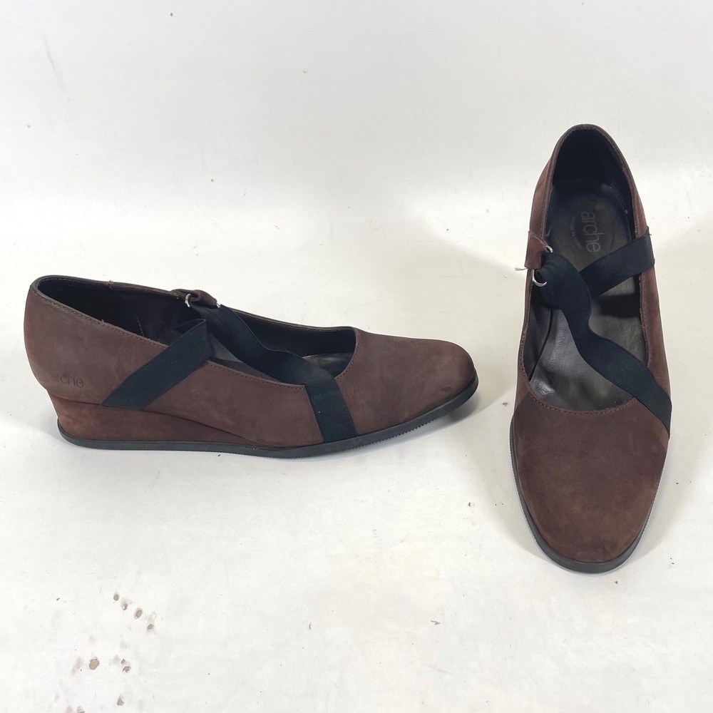 Arche Brown Nubuck Leather Elastic Strap Wedge Shoes France Womens 40 US 9-9.5